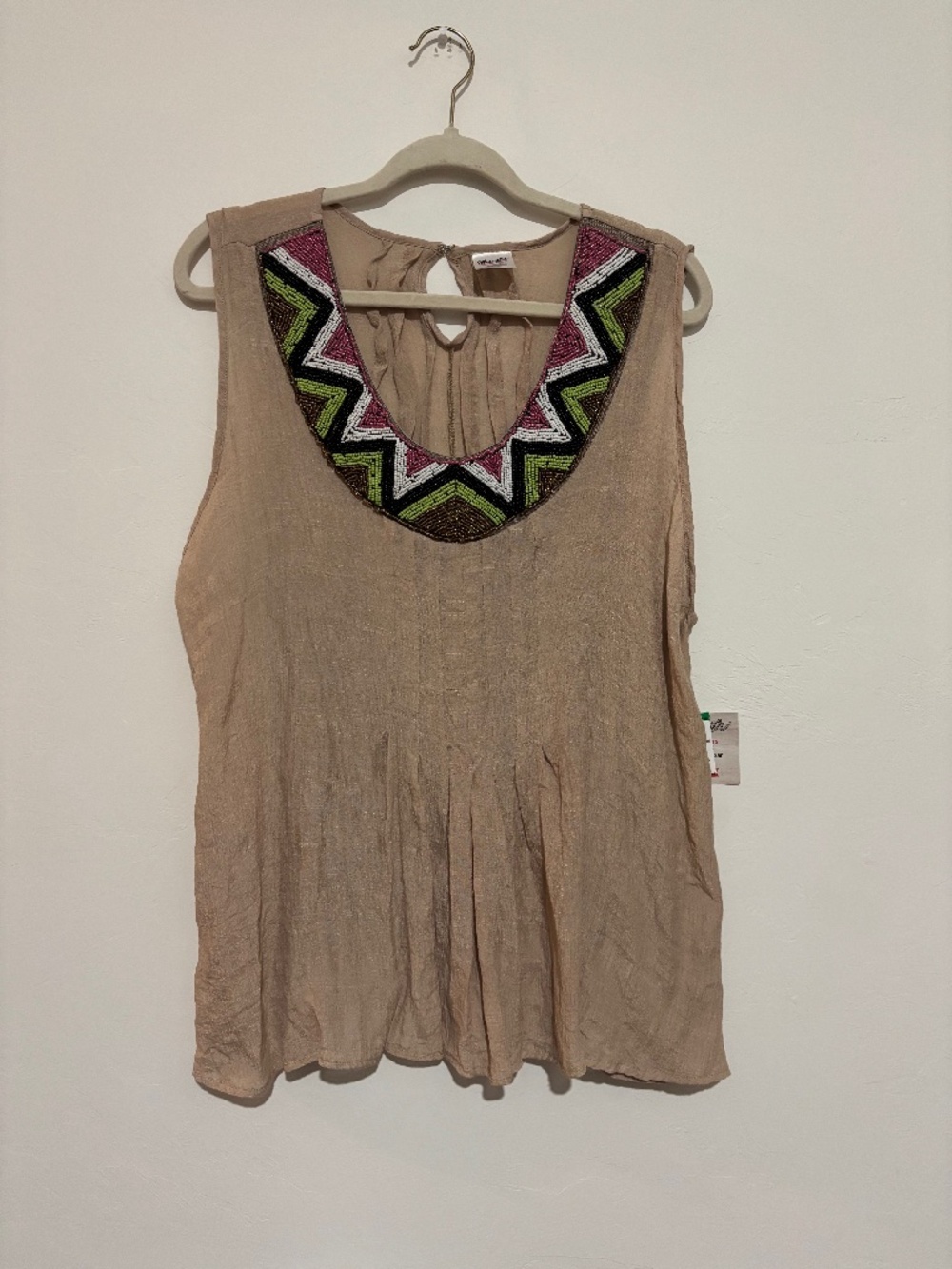 Wrangler Beaded Neckline Pleated Tank Top - NWT - Size XXL - Tan/Beige
